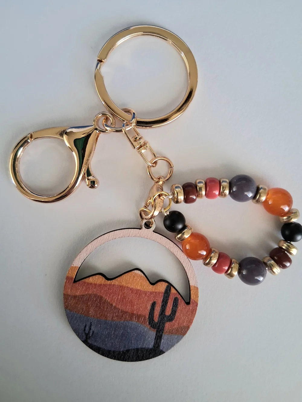Desert Sunrise Beaded Keychain with Wooden Cactus Charm - Multicolor